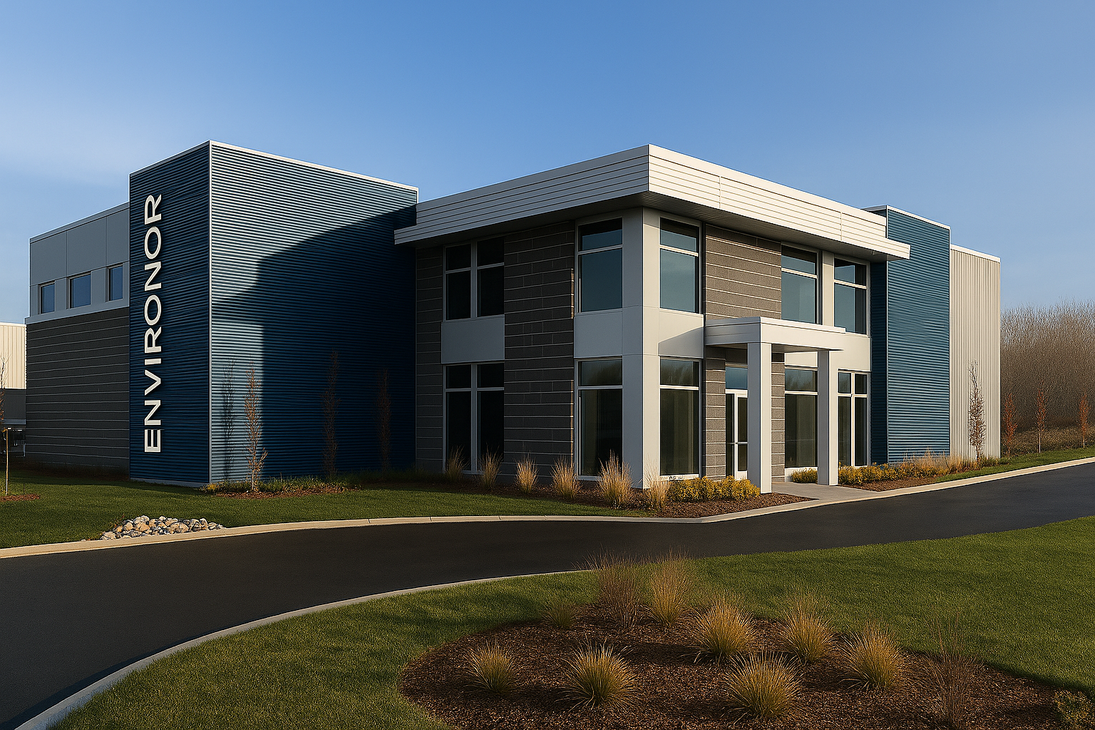 Bâtiment industriel moderne d’Environor avec façade vitrée et revêtement métallique bleu, situé en bordure d’un terrain paysagé