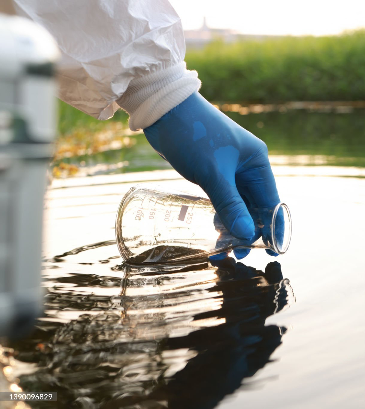 Environment engineer Collect samples of wastewater from industrial canals in test tube, Close up hand with glove Collect samples of wastewater from industrial canals in test tube. mobile water laboratory check